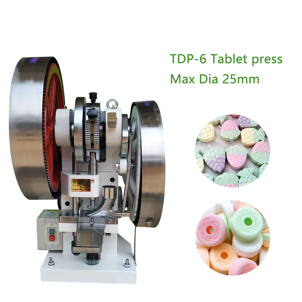 TDP-6 single punch tablet press with sample shapes