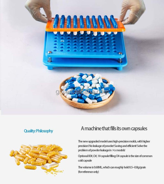 100-hole capsule filling tray dimensions - 18x18x8cm, ABS plastic, 0.9kg