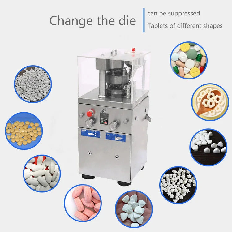 PJ-018 rotary tablet press with example tablet shapes requiring matching tooling